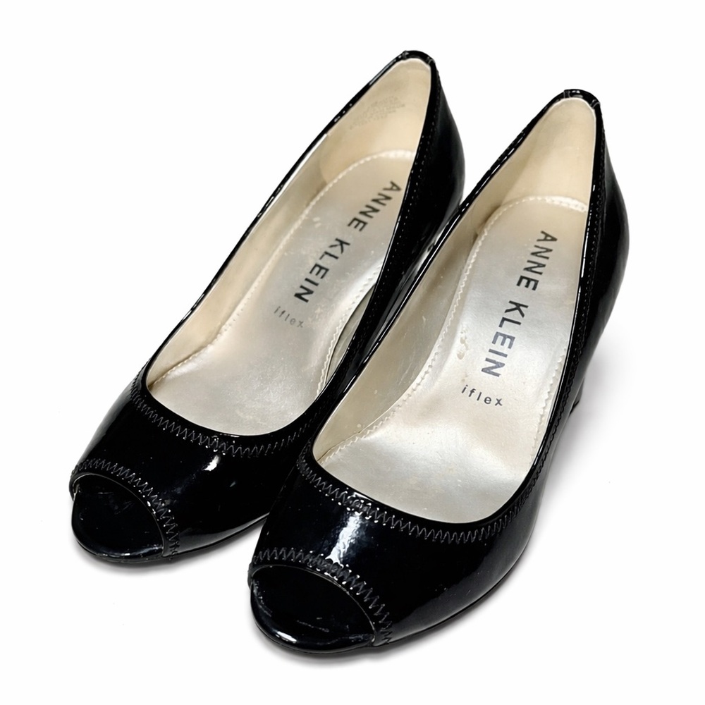 Anne Klein iFlex Womens Black Patent Peep Toe Block Heel Pumps‎ Shoes Size 9.5